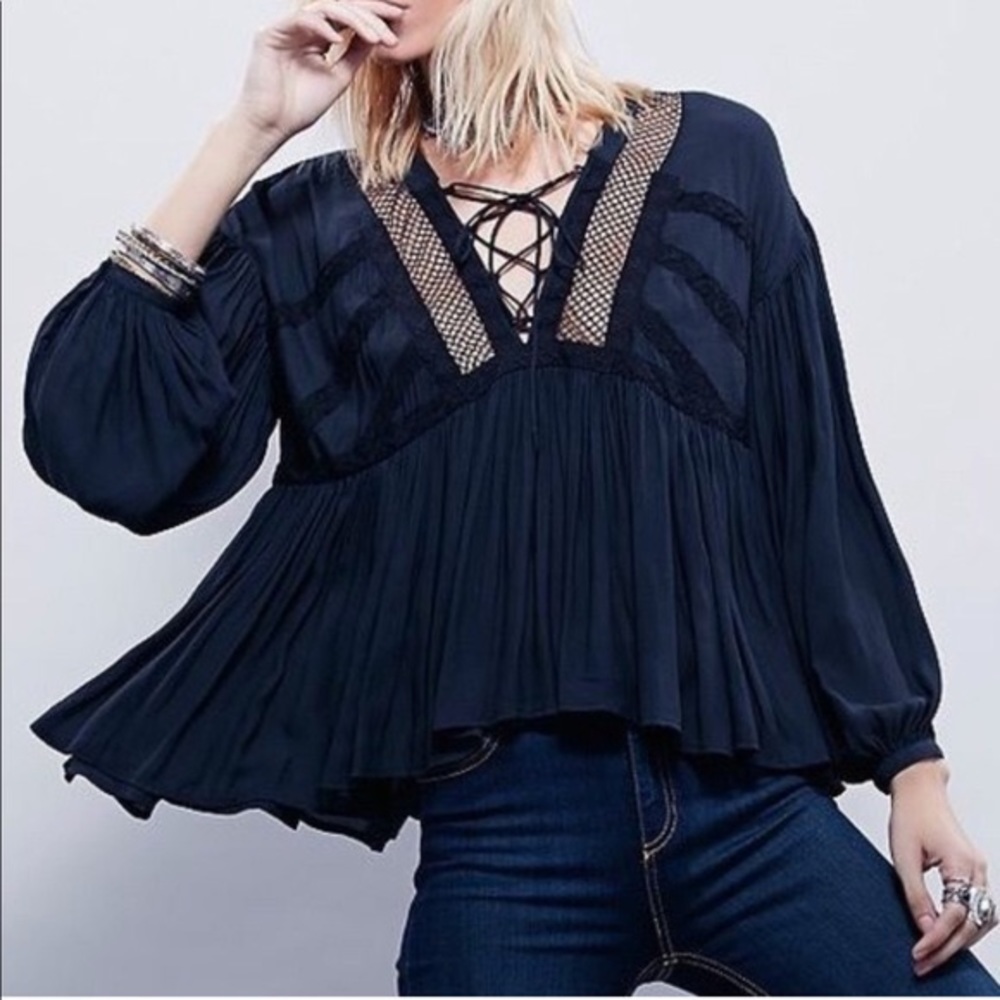 Free People Lace Up Charcoal Peasant Top